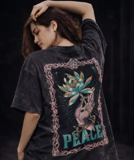 Peace Pahare Print Acid Wash Oversized T-shirt